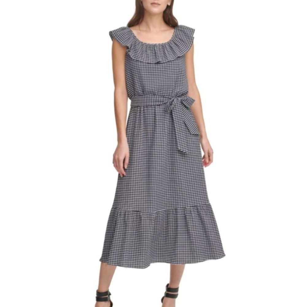 DKNY Black Plaid Belted Flutter Sleeve Midi Dress Size 12